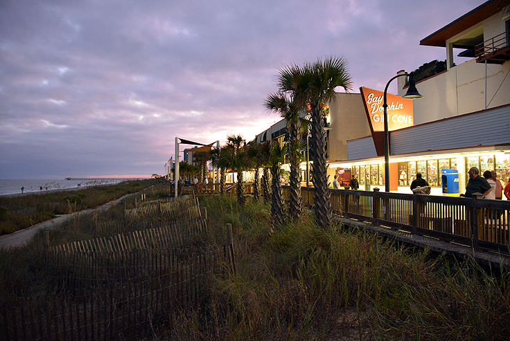 The boardwalk at sunset in Myrtle Beach, SC