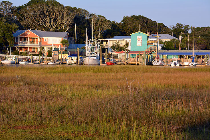 The Southport waterfront from the Marsh Walk in Southport, NC