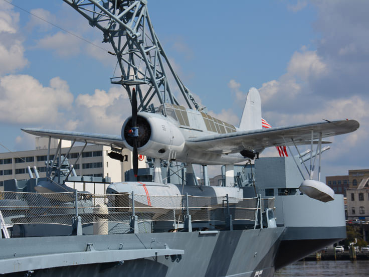 A Navy seaplane aboard the USS North Carolina in Wilmington, NC